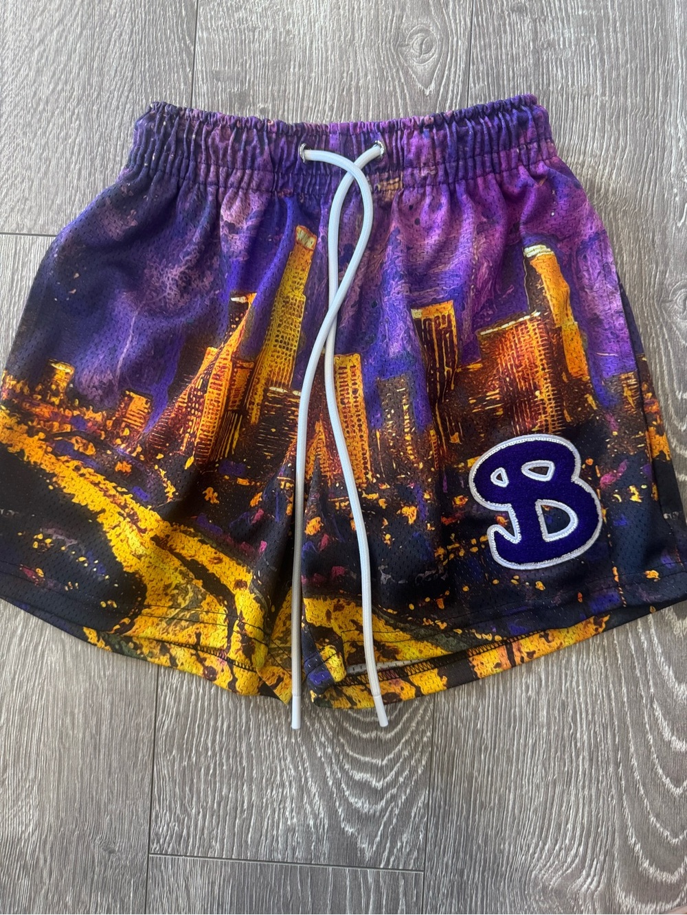 Purple & Yellow Cityscape Athletic Shorts with Drawstring
